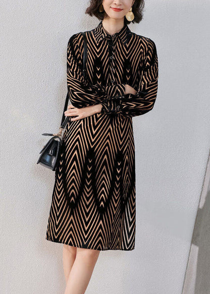 French Striped Peter Pan Collar Button Silk Velour Shirts Dress Fall