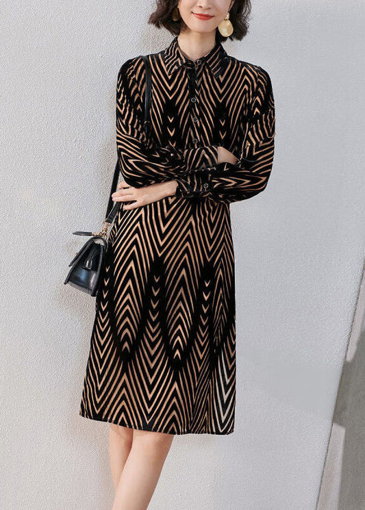 French Striped Peter Pan Collar Button Silk Velour Shirts Dress Fall