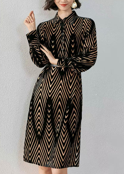 French Striped Peter Pan Collar Button Silk Velour Shirts Dress Fall