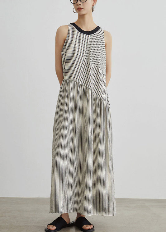 French Striped Pockets Patchwork Cotton Long Dresses Sleeveless
