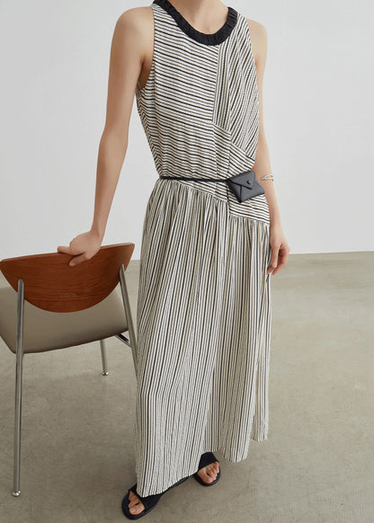 French Striped Pockets Patchwork Cotton Long Dresses Sleeveless