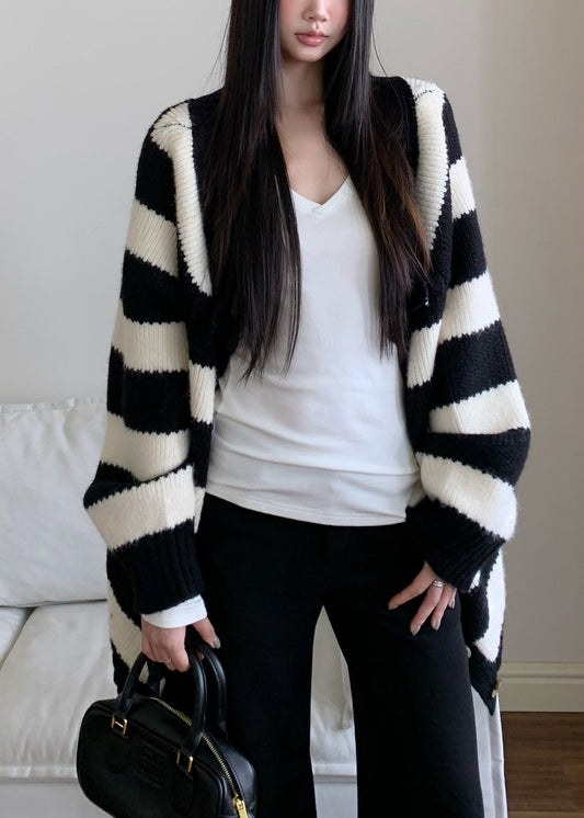 French Striped V Neck Button Knitted Cotto Cardigan Fall