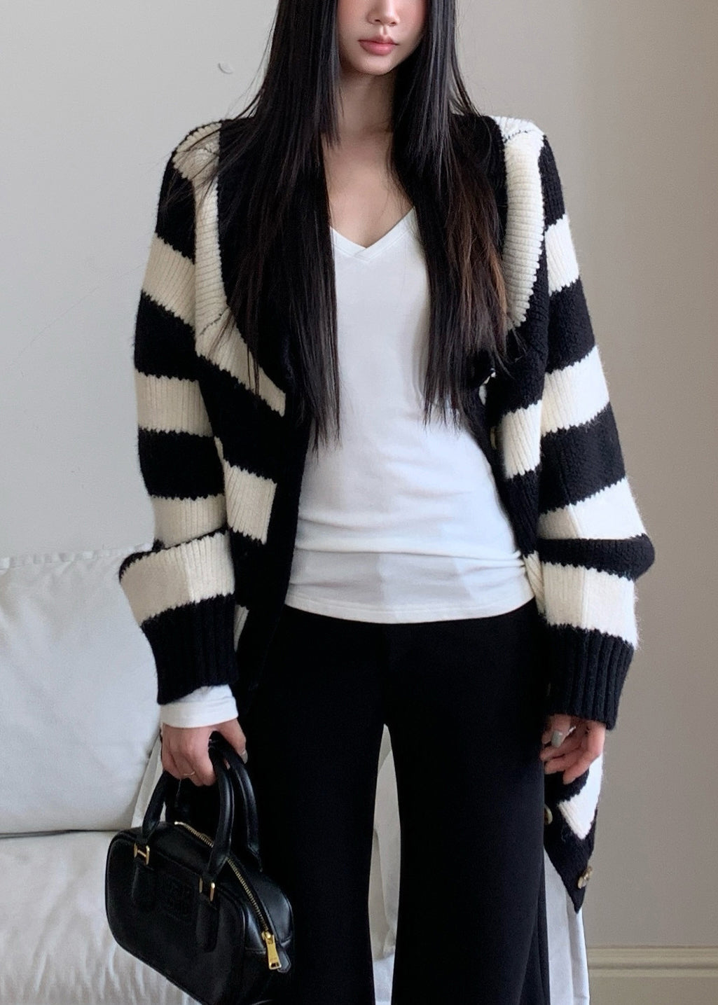 French Striped V Neck Button Knitted Cotto Cardigan Fall