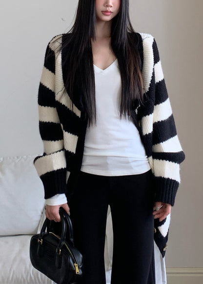 French Striped V Neck Button Knitted Cotto Cardigan Fall