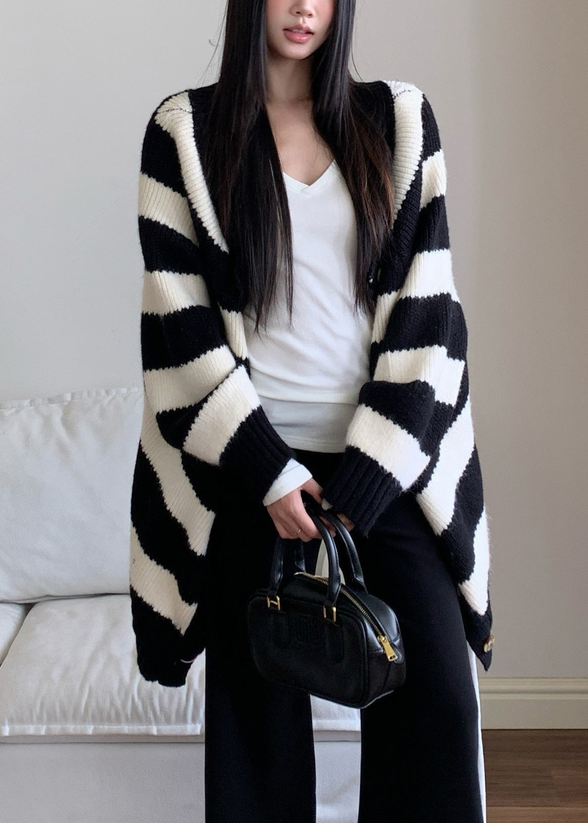 French Striped V Neck Button Knitted Cotto Cardigan Fall