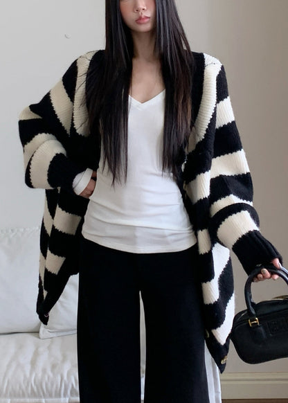 French Striped V Neck Button Knitted Cotto Cardigan Fall