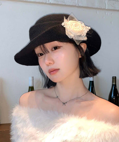 French Style Black Floral Knit Cloche Hat