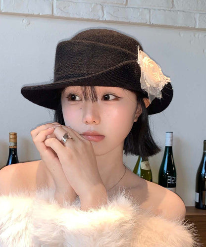 French Style Black Floral Knit Cloche Hat