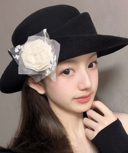French Style Black Floral Versatile Knit Cloche Hat