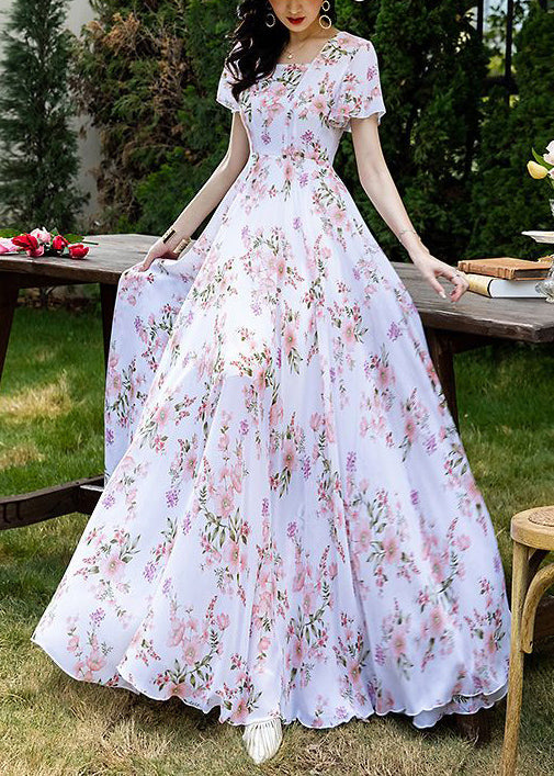 French Style Pink Square Collar Print Chiffon Dresses Summer