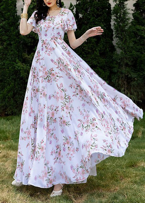 French Style Pink Square Collar Print Chiffon Dresses Summer