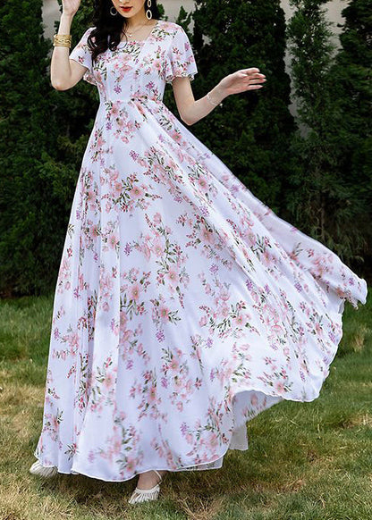 French Style Pink Square Collar Print Chiffon Dresses Summer