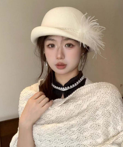 French Style White Nail Bead Feather Woolen Bucket Hat