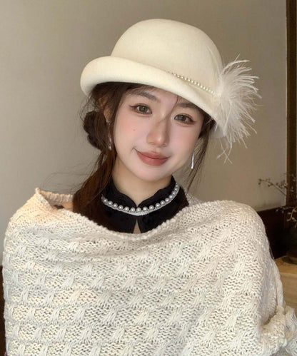 French Style White Nail Bead Feather Woolen Bucket Hat