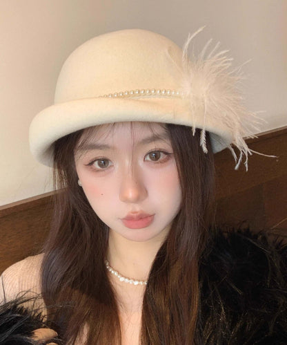 French Style White Nail Bead Feather Woolen Bucket Hat