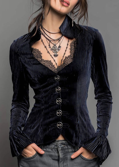 French Stylish Blue Lace Patchwork Shirts Top Fall