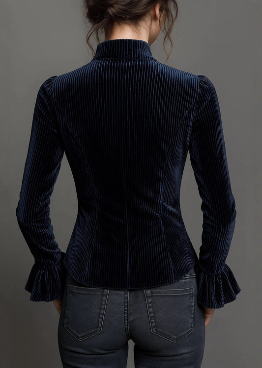 French Stylish Blue Lace Patchwork Shirts Top Fall