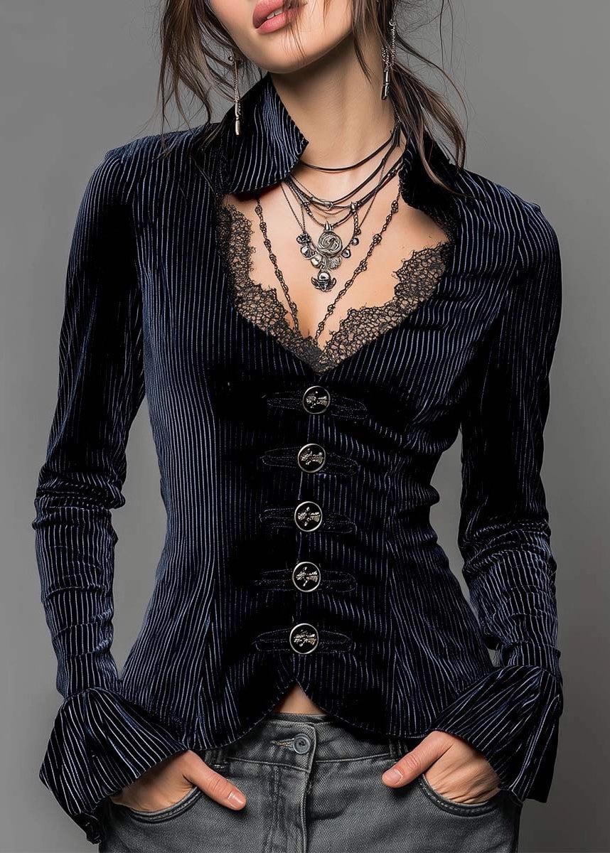 French Stylish Blue Lace Patchwork Shirts Top Fall