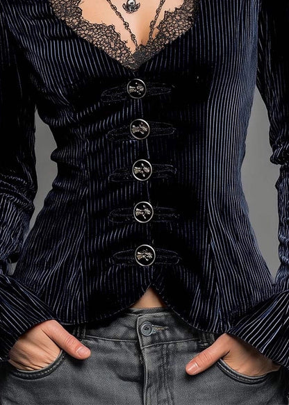 French Stylish Blue Lace Patchwork Shirts Top Fall