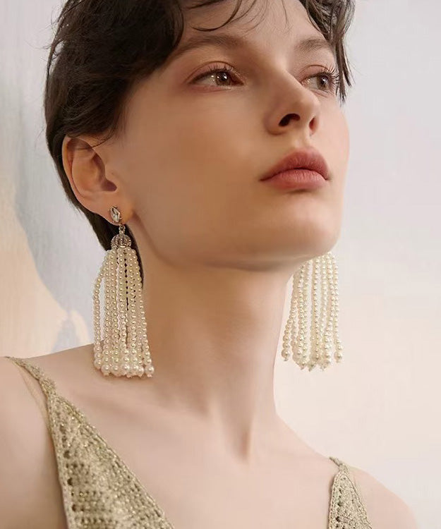French Tassel Pearl Light Luxury Long Stud Earrings