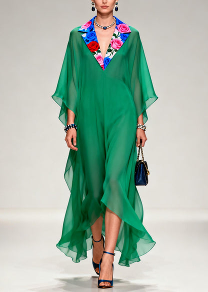 French Tea Green Notched Patchwork Chiffon Long Dresses Summer