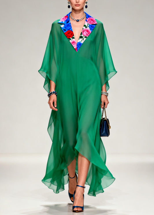 French Tea Green Notched Patchwork Chiffon Long Dresses Summer