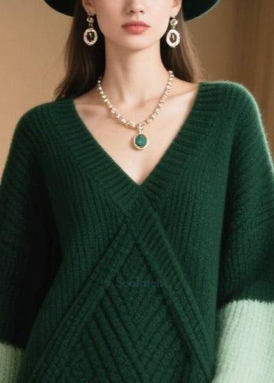 French Tea Green Oversized Patchwork Faux Fur Knit Sweater Dress Winter