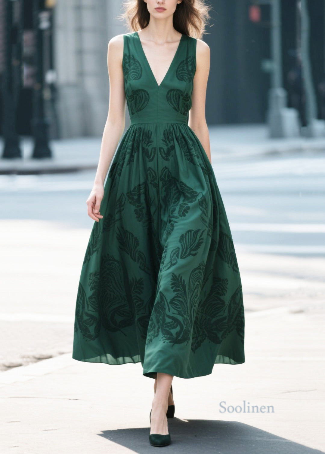 French Tea Green Print Cotton Vestidos Dresses Summer