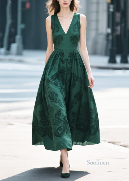 French Tea Green Print Cotton Vestidos Dresses Summer