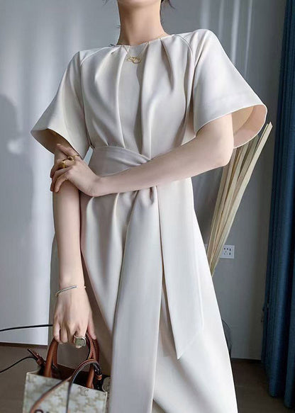 French Tie Waist Solid Long Dress Short Sleeve