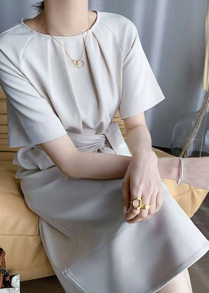 French Tie Waist Solid Long Dress Short Sleeve
