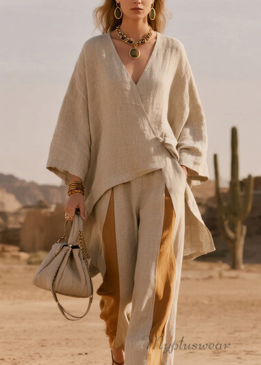 French V Neck Asymmetrical Patchwork Linen Two-Piece Set Spring
