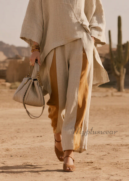 French V Neck Asymmetrical Patchwork Linen Two-Piece Set Spring