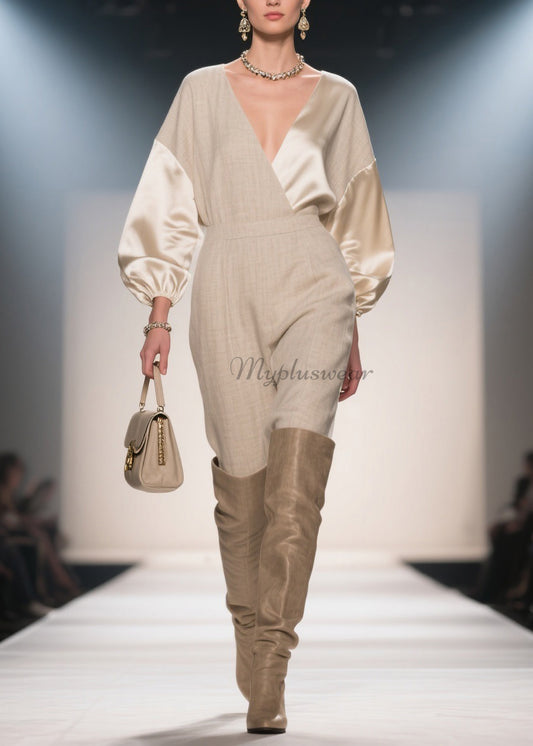 French V Neck Patchwork Linen Silk Jumpsuits Spring