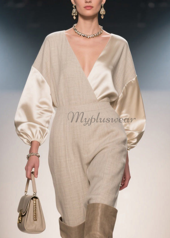 French V Neck Patchwork Linen Silk Jumpsuits Spring