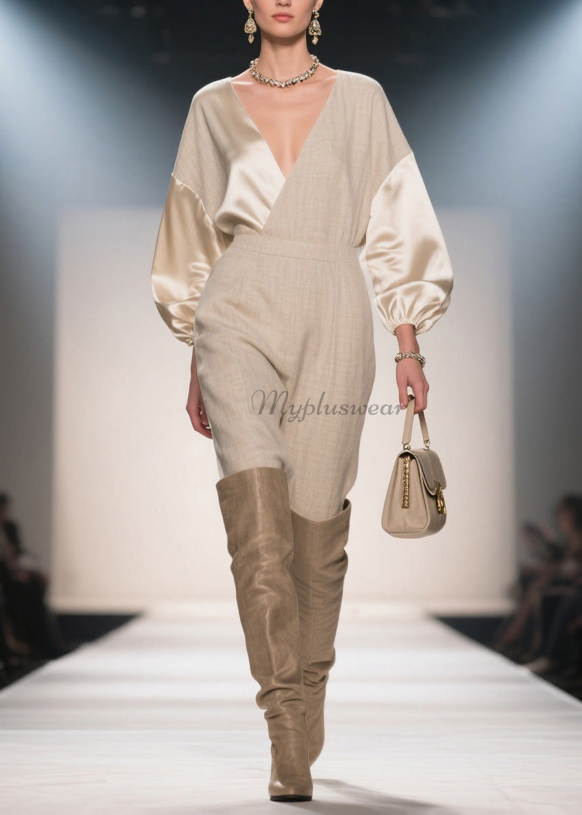 French V Neck Patchwork Linen Silk Jumpsuits Spring