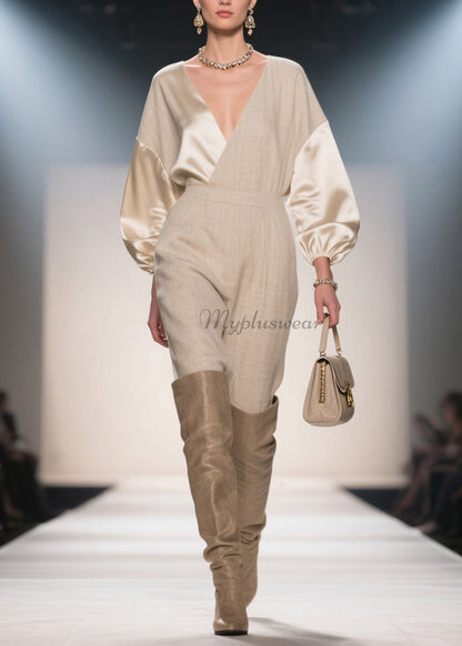 French V Neck Patchwork Linen Silk Jumpsuits Spring