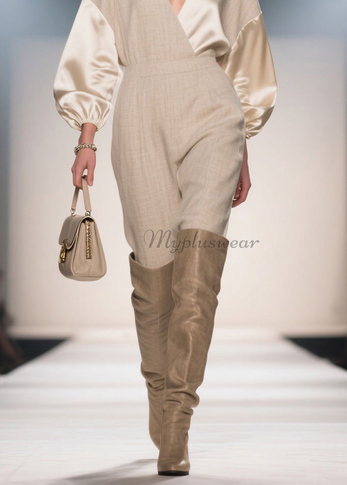 French V Neck Patchwork Linen Silk Jumpsuits Spring