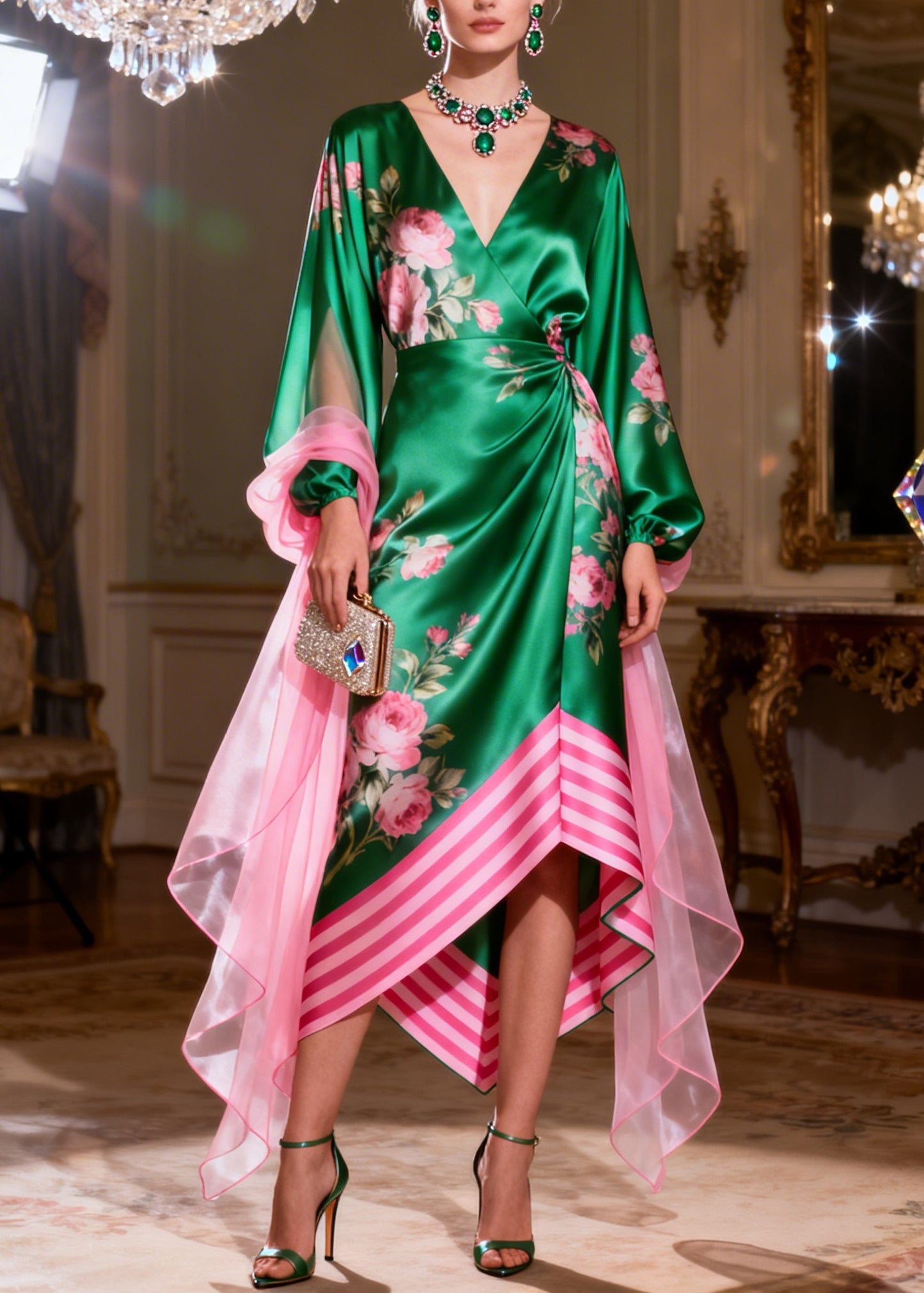 French V Neck Print Asymmetrical Design Silk Maxi Dress Summer
