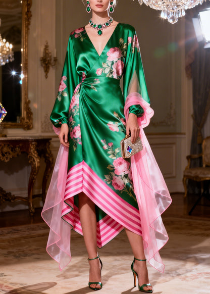 French V Neck Print Asymmetrical Design Silk Maxi Dress Summer
