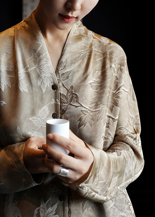 French V Neck Print Button Silk Shirts Dresses Fall