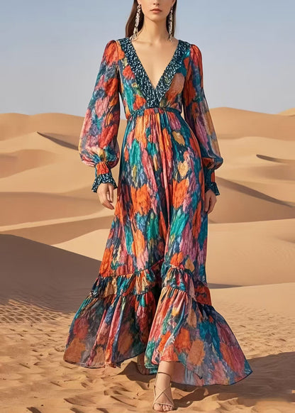 French V Neck Print Chiffon Ankle Dress Summer