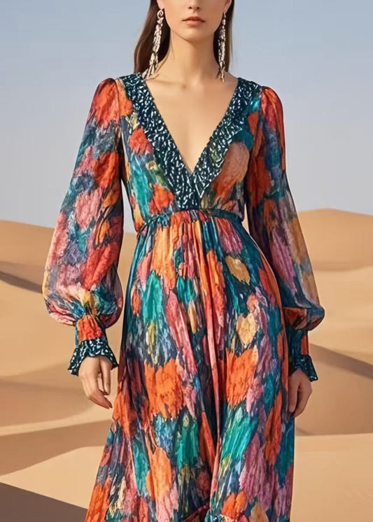 French V Neck Print Chiffon Ankle Dress Summer