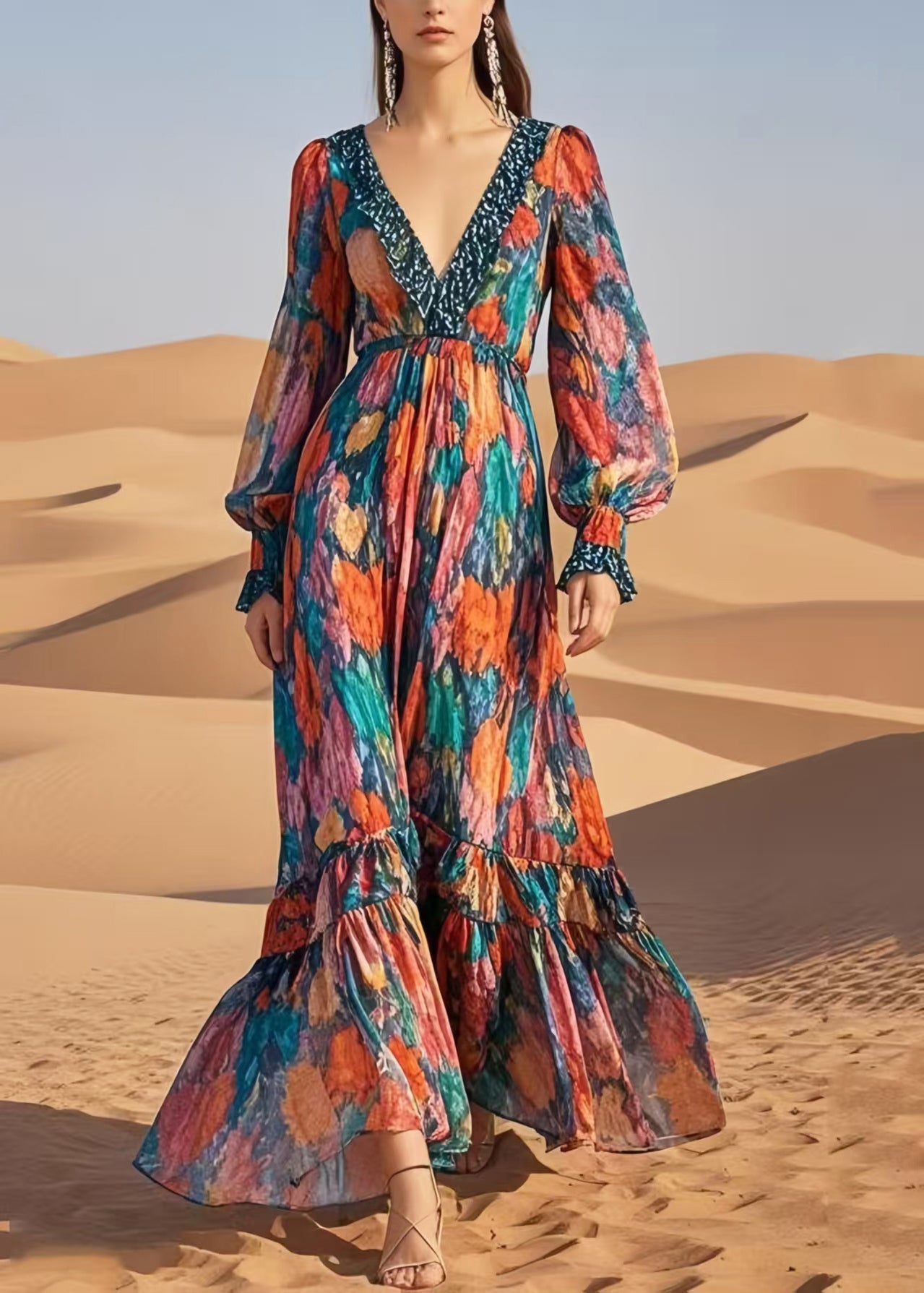 French V Neck Print Chiffon Ankle Dress Summer