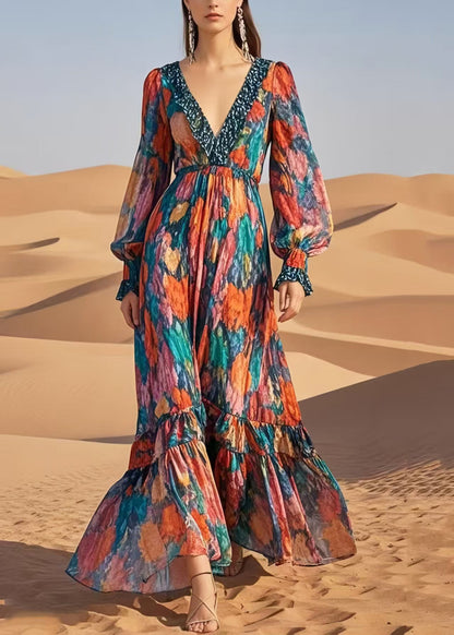 French V Neck Print Chiffon Ankle Dress Summer