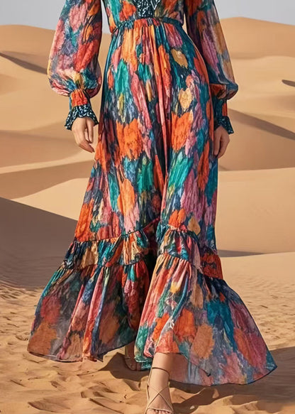 French V Neck Print Chiffon Ankle Dress Summer