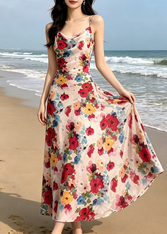 French V Neck Print Chiffon Long Spaghetti Strap Dress Sleeveless