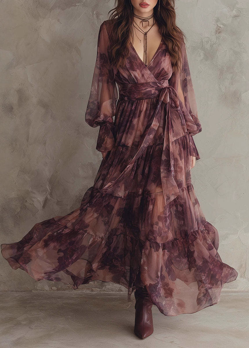 French V Neck Print Patchwork Chiffon Ankle Dress Summer