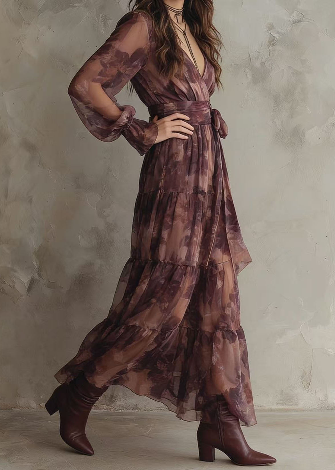 French V Neck Print Patchwork Chiffon Ankle Dress Summer