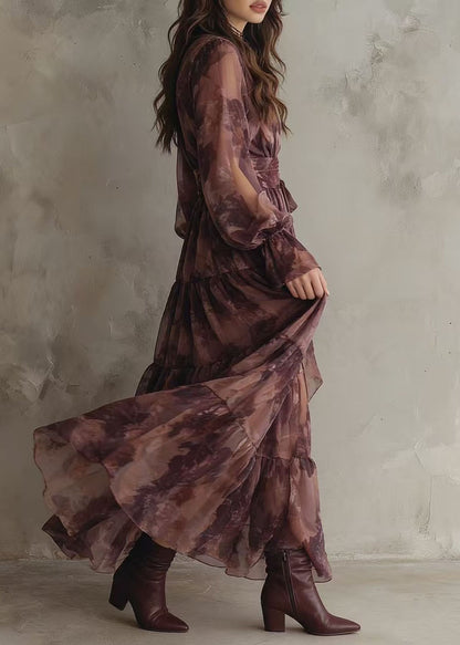 French V Neck Print Patchwork Chiffon Ankle Dress Summer